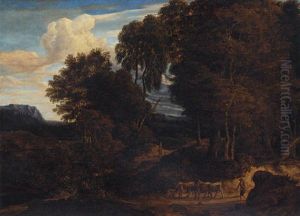 A Wooded Landscape With A Herdsman And His Cattle On A Path, A Woman Travelling On A Path Beyond by Jean Francois (Francisque) Millet the Younger