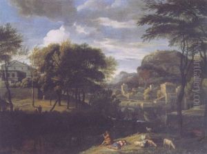 Shepherds And Flock On A River Bank, Near A Country Mansion, A Town Beyond, In An Italianate Landscape