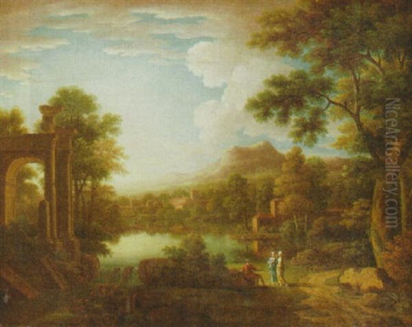 A Classical Landscape With Two Women Greeting A Seated Traveller By A Riverside Path - view 1