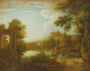 A Classical Landscape With Two Women Greeting A Seated Traveller By A Riverside Path