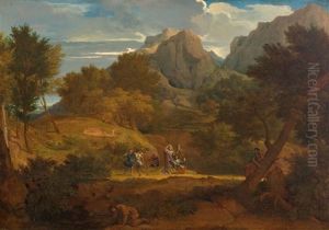 Mythological Scene In A Mediterranean Mountain Landscape With Figures Dancing by Francisque Millet