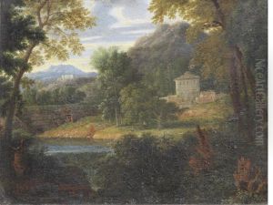 Figures By A Lake Before A Villa, A Mountainous Landscape Beyond Figures By A Lake Before A Villa, A Mountainous Landscape Beyond