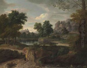 Two Figures On A Path In A Wooded Classical Landscape, Buildings And A Pool Of Water Beyond