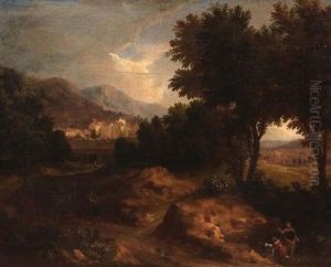 Pecheur Et Lavandiere Dans Un Paysage Classique Avec Un Village