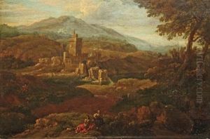 Deux Musiciens Dans Un Paysage Domine Par Un Chateau
