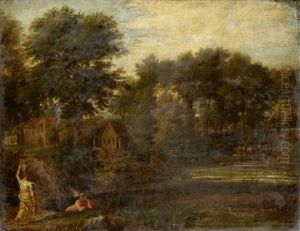 A Water Carrier And A Figure Resting In An Italianate Landscape by Francisque Millet