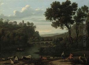 A Wooded River Landscape With Shepherds And Rowers On A Boat, A Castle Beyond by Francisque Millet