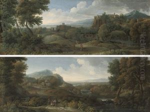 An Extensive Italianate Landscape With Travellers On A Track, A Town Beyond (+ An Extensive Italianate River Landscape With Drovers And Their Cattle On A Track, A Town Beyond; Pair) by Francisque Millet
