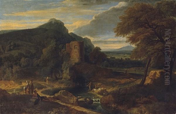 An Italianate River Landscape With Figures Bathing, Ancient Ruins Beyond - view 1