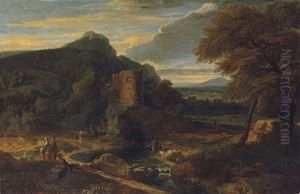 An Italianate River Landscape With Figures Bathing, Ancient Ruins Beyond