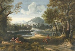 An Extensive Wooded River Landscape With Figures Resting Beside A Track by Francisque Millet