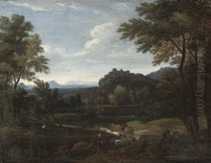An Italianate Landscape With Shepherds And Their Cattle On A Track, A Village Beyond An Italianate Landscape With Shepherds And Their Cattle On A Track, A Village Beyond