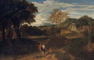 A Mountainous Landscape With Travellers Conversing With A Beggar, A Shepherd With His Flock And A Villa Beyond