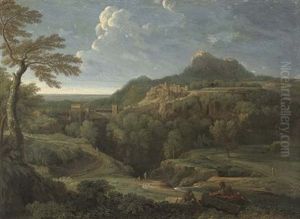 A Classical Wooded River Landscape With Figures Resting In The Foreground