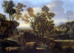 A River Landscape With An Angler, A Shepherd And Other Figures by Francisque Millet