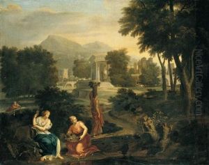 A Classical Landscape With Women Gathering Flowers, A Town Beyond by Francisque Millet