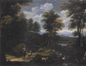 Paysage Boise Avec Un Couple De Bergers by Francisque Millet