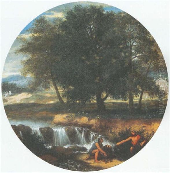 Deux Personnages Antiques Au Bord D'une Cascade - view 1