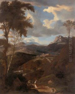 A Classical Landscape With A Woman On A Path Carrying An Amphora, A Town Beyond by Francisque Millet