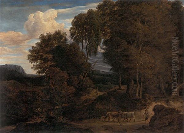 A Wooded Landscape With A Herdsman And His Cattle On A Path, A Woman Travelling On A Path Beyond - view 1