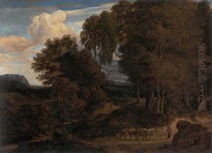 A Wooded Landscape With A Herdsman And His Cattle On A Path, A Woman Travelling On A Path Beyond by Francisque Millet