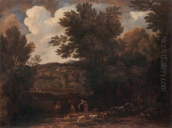 A Classical River Landscape With A Drover With His Herd And Washer-women - view 1
