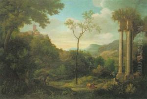 Ideale Landschaft Mit Einer Antiken Tempelruine Und Vorn Einem Maultiertreiber