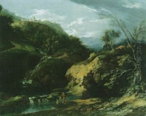 Sudliche Landschaft Mit Anglern An Einem Wasserfall