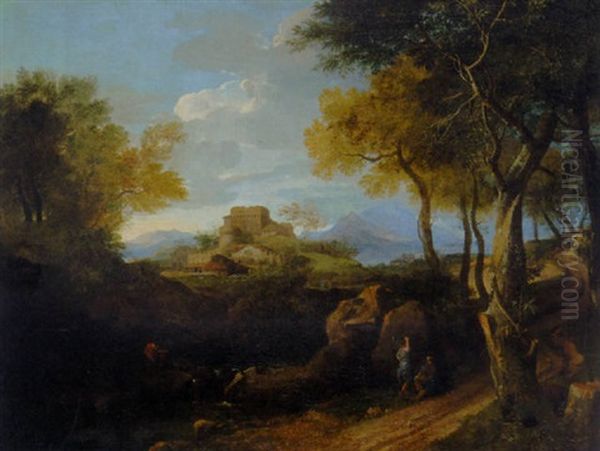 An Extensive Landscape With Figures On A Path, A Borgo Beyond - view 1