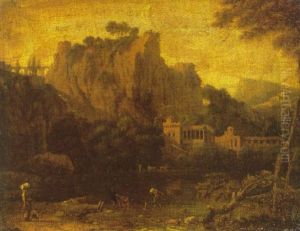 An Italianate Landscape With Fishermen Drawing In Their Nets In The Foreground, A Classical Villa And Rocky Outcrop Beyond