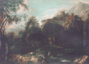 Figures Bathing At A Pool In An Italianate Landscape by Francisque Millet