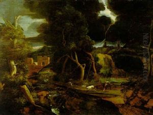 Wooded River Landscape With Cattle And Travellers Struck By Thunderbolt Wooded River Landscape With Cattle And Travellers Struck By Thunderbolt