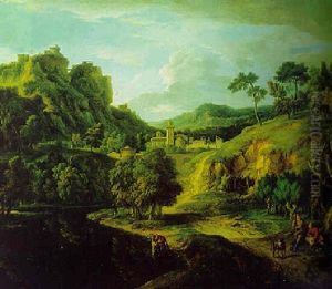 An Extensive Mountainous Landscape With Travellers Resting On A Path