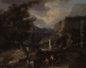 Personnages Se Reposant Pres D'une Fontaine Dans Un Paysage Classique