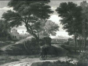 Classical Landscape With Figures Walking On A Road And      Buildings And Mountains In The Distance