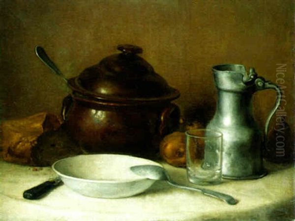 A Still Life With A Soup Tureen, Bowl, Bread, And A Pewter Pitcher - view 1