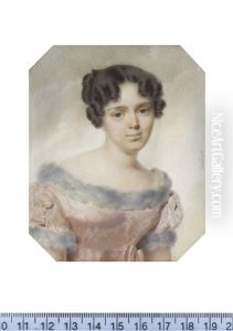 A Lady, Wearing Pale Pink Dress Trimmed With Fur, Her Dark Hair Curled, Upswept And Secured In Place With A Tortoiseshell Comb