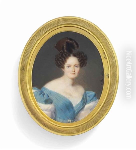 A Young Lady, In Off-the-shoulders Blue Dress With White Puff Sleeves, Brown Hair Elaborately Dressed In An Apollo Knot Secured With A Tortoiseshell Comb - view 1