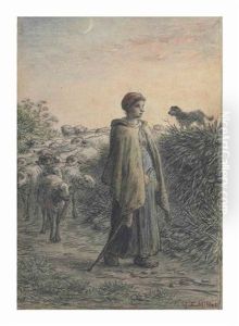 Une Bergere De Retour Avec Son Troupeau Le Soir by Jean-Francois Millet