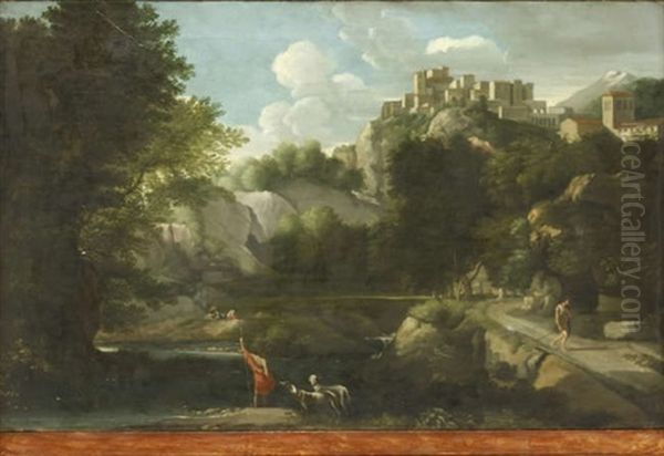 An Italianate Landscape With Figures Beside A Lake And A Hilltop Town In The Distance - view 1