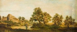 Sommerliche Flusslandschaft Mit Fruchte Tragenden Obstbaumen Und Einem Obstbauern Am Ufer Sommerliche Flusslandschaft Mit Fruchte Tragenden Obstbaumen Und Einem Obstbauern Am Ufer