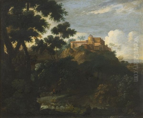 Wooded Mountainous Landscape With Travelers On A Track, A Villa Beyond - view 1