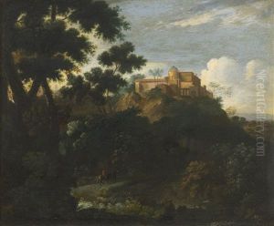 Wooded Mountainous Landscape With Travelers On A Track, A Villa Beyond by Jean-Francois Millet