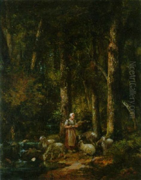 Waldlandschaft Mit Hirtin Und Ihrer Herde - view 1