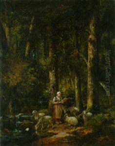 Waldlandschaft Mit Hirtin Und Ihrer Herde by Jean-Francois Millet