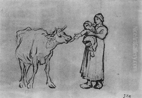 Mere Avec Son Enfant Et Une Vache - view 1