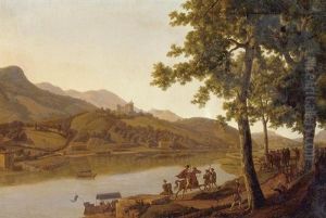 Nobles Disembarking Along The Banks Of A River by Alexandre Louis Robert Millin Du Perreux