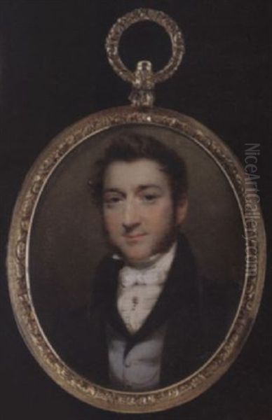 A Gentleman Wearing Dark Grey Coat With Black, Pale Blue Waistcoat With Black Velvet Collar, Tied White Stock And Cravat Held With Stickpin - view 1