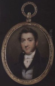 A Gentleman Wearing Dark Grey Coat With Black, Pale Blue Waistcoat With Black Velvet Collar, Tied White Stock And Cravat Held With Stickpin