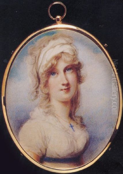 Lady Anne Hudson In White Dress With Blue Waistband, White Bandeau And Blue Crucifix On A Gold Chain At Her Neck - view 1